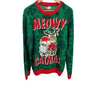 Party Sweater Meowy‎ Catmas Ugly Christmas Sweater Mens Size L Green Red